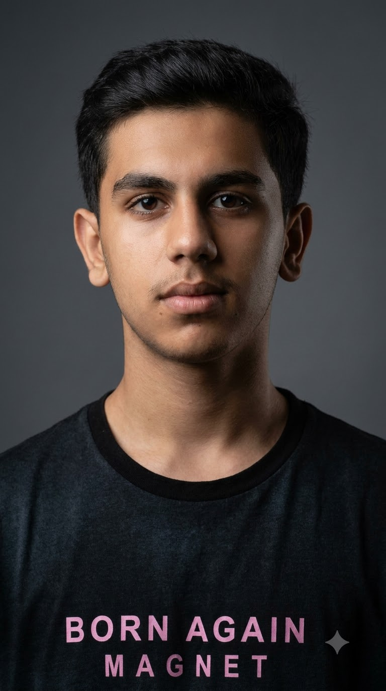 Create a refined male studio portrait with soft cinematic lighting and a clean professional background. 
Enhance the face with natural masculine features, smooth skin texture, and realistic details without emphasizing the jawline. 
Maintain a balanced, gentle structure to the face while keeping the identity fully accurate. 
Add subtle highlights around the eyes and cheek area for a calm, confident look. 
Render in ultra‑high resolution with crisp focus, perfect color grading, and a modern studio aesthetic.